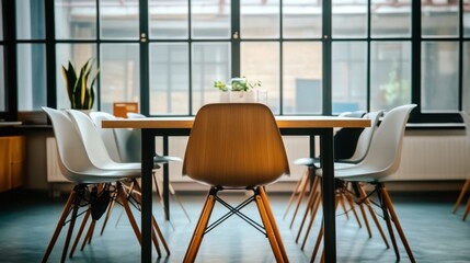 Poster - The meeting room is designed to be suitable and convenient for working in the office. There are tables and chairs in a wide area without people.