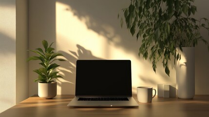 Poster - Image of a computer on a desk in a minimalist office to convey the concept of working and using technology in the workplace.