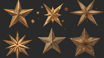 Wall Mural - A collection of glittery gold Christmas tree star toppers isolated on a transparent background perfect for holiday decoration