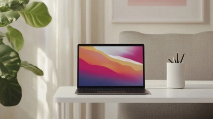 Poster - Image of a computer on a desk in a minimalist office to convey the concept of working and using technology in the workplace.