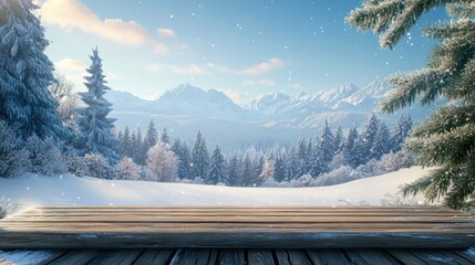 Wall Mural - A picturesque winter landscape with snow covered fir trees and a wooden table top creating a perfect setting for a Merry Christmas and happy New Year greeting background The image features a combinat