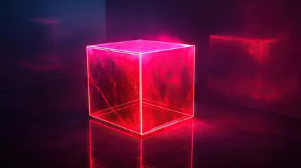 Leinwandbilder - Vibrant red neon cube with dark lines and bright pink neon accents. This radiant cube stands out beautifully against a dark background, offering a striking visual contrast.