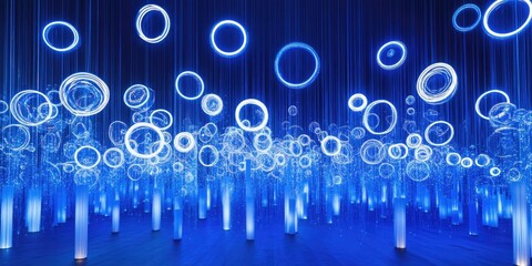 Poster - A backdrop in blue featuring luminous circles illuminates the scene with a captivating radiance. The blue backdrop enhances the glowing circles, creating a striking visual contrast.