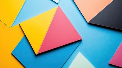 Leinwandbilder - Vibrant color palette with triangular shapes creates an eye-catching visual. This vibrant color palette accentuated by dynamic triangular shapes offers ample copy space for design projects.