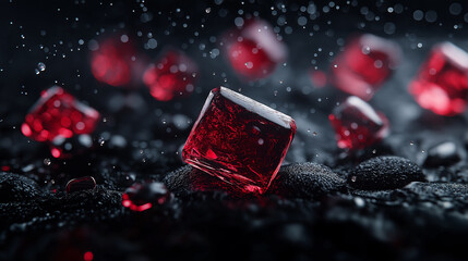 Poster - Red crystal ice cubes glisten on dark surface, surrounded by droplets, creating striking contrast. scene evokes sense of elegance and refreshment