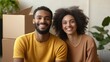 © alex - Smiling young couple surrounded by moving boxes, celebrating their fresh start in a bright new apartment. AI generated