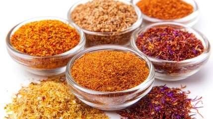 Poster - Colorful Saffron Spice Assortment Displayed in Glass Bowls on a Table Generative AI