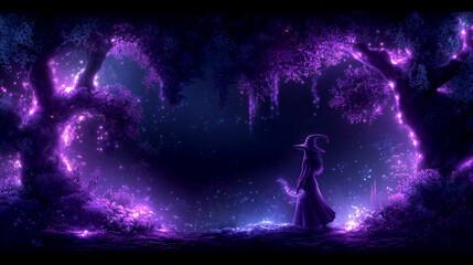 A woman stands in a forest with purple trees and glowing lights. Scene is mysterious and enchanting