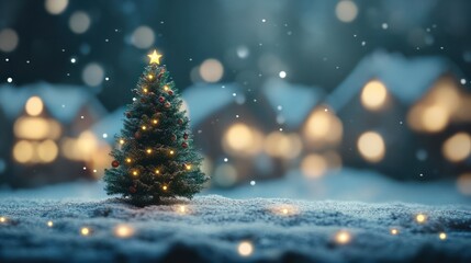 Wall Mural - christmas tree in a fantasy christmas village landscape, snowy xmas town vibe background wallpaper