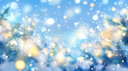 Wall Mural - christmas winter banner with bokeh and fluffy snow-covered fir trees and sparkling snowflakes on blu