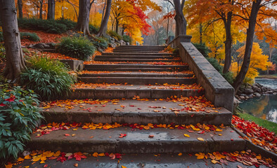 Poster - Staircase with leaves on it