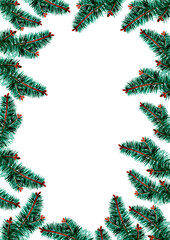 A frame of conifer branches. Christmas tree, pine, etc. White background and copy space. The branches are randomly placed. Different shades of green, brown colors. Watercolor. Fluffy needles.