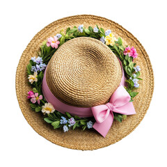 Retro straw sun hat with pastel ribbon and small flowers worn for spring outings isolated on a transparent background 