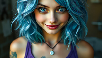 Woman with blue hair and blue eyes is smiling