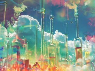 Abstract Science: Colorful Glassware and Clouds