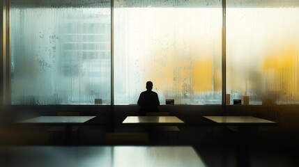 Solitary figure in modern empty cafe, staring out window with distant look, symbolizing social loneliness and introspection in urban life.