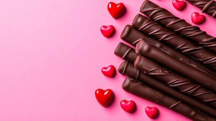 Wall Mural - A bunch of chocolate covered in chocolate with red hearts on a pink background