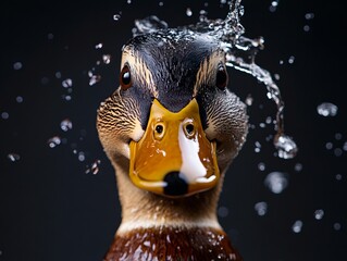 Wall Mural - A duck with water splashing on its head