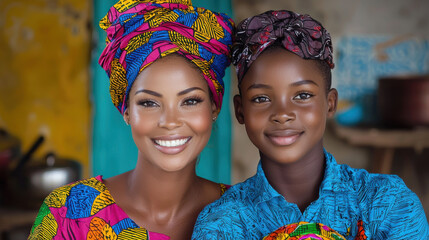 joyful mother and daughter wearing vibrant traditional clothing, smiling warmly in cozy home setting. Their colorful headwraps and outfits create lively and cheerful atmosphere