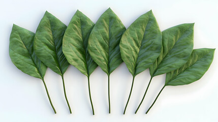 Wall Mural - seven vibrant green leaves arranged in an arc, isolated on a white background.