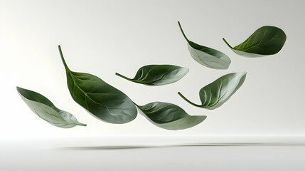 Wall Mural - six green leaves falling against a white backdrop.