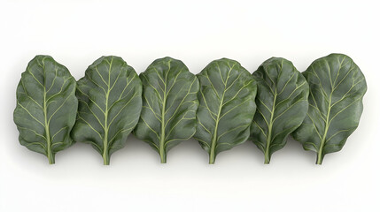 Wall Mural - six green leaves with prominent veins arranged in a row against a white background.