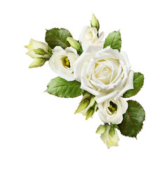 White roses and eustoma flowers in a corner arrangement isolated on white or transparent background