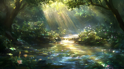 Wall Mural - Sunbeams illuminate a lush forest clearing with a tranquil stream flowing through it.