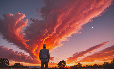 Poster - Man is standing in a field looking at the sky