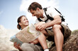 © peopleimages.com - Hiking, happy couple and map on mountain for journey, direction and reading for navigation. Woman, man laughing and geography diagram in nature for good news, travel planning and guidance in Portugal