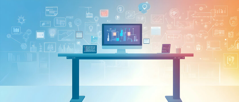 Modern minimalist workspace with a computer monitor and desktop icons on a desk.
