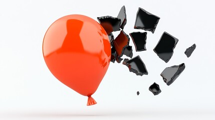 Exploding Red Balloon with Black Shards on White Background