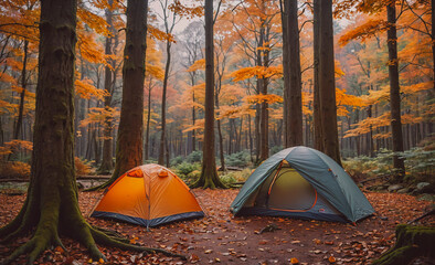 Poster - Two tents are set up in a forest