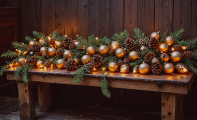 Fototapete - Wooden bench with a Christmas tree decoration on it
