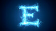 © visual artstock - The letter E is formed from a bright blue electric discharge on a dark blue background.