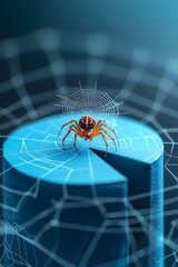 A spider is sitting on a blue object with a spider web pattern
