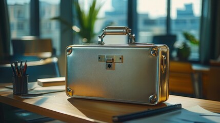 a metallic briefcase with a combination lock on an office desk, professional setting