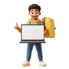 Poster - 3D Young Man Pointing at Blank Laptop Screen