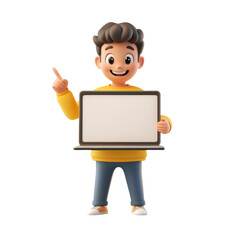 Poster - 3D Young Man Pointing at Blank Laptop Screen