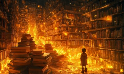 Poster - A child stands in a candlelit library.