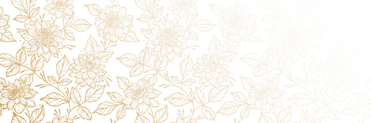 Aufkleber - Elegant gold dahlia banner, wedding invitation wide horizontal cover template, flower vector background, hand drawn vintage floral print design