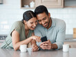 © peopleimages.com - Reading, pointing and couple with smartphone, home and notification of email, kitchen and shock. Surprised, digital and good news for people, alert and communication for win, lottery and morning