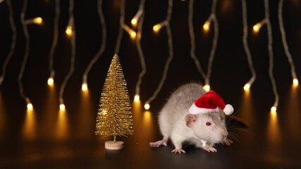 Wall Mural - Rat in red Santa hat isolated on black background. Mouse and New Year tree. Pet and festive garland. Yellow blurred bokeh of burning bulbs. Holiday concept Christmas