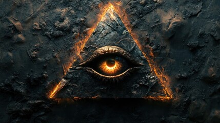 Poster - A stylized triangular design featuring an all-seeing eye with metallic elements and glowing edges,