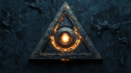 Poster - A stylized triangular design featuring an all-seeing eye with metallic elements and glowing edges,
