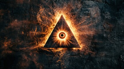Poster - A stylized triangular design featuring an all-seeing eye with metallic elements and glowing edges,
