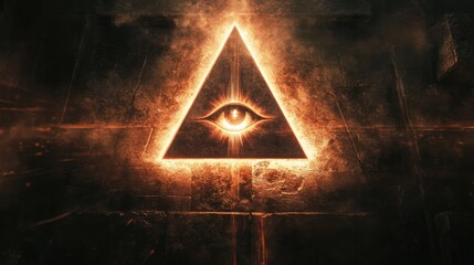 Poster - A stylized triangular design featuring an all-seeing eye with metallic elements and glowing edges,