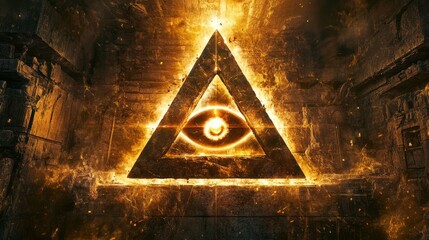 Poster - A stylized triangular design featuring an all-seeing eye with metallic elements and glowing edges,