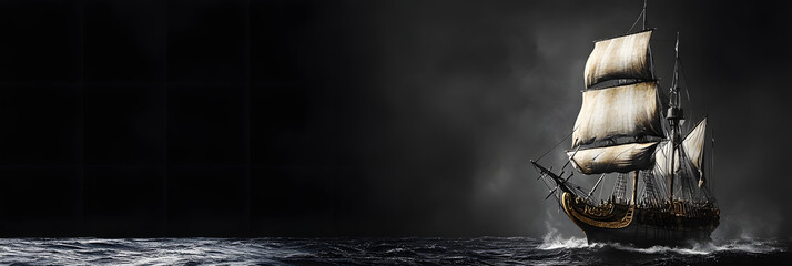 Wall Mural - Golden Age Pirate Ship Sailing on Tranquil Seas black background