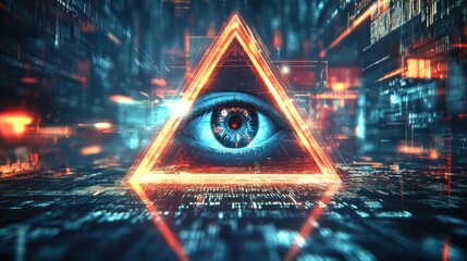 Poster - An all-seeing eye inside a glowing triangle with sharp lines surrounded by digital codes and abstract symbols,
